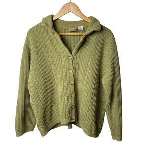 Liz Claiborne Women's L Green Chunky Cable Knit Cotton Button Cardigan Sweater
